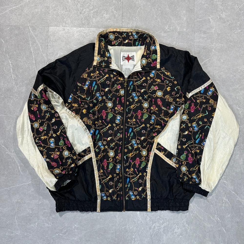 Vintage Active Frontier Windbreaker Jacket XL Black Gold Chain Clock Print 90s